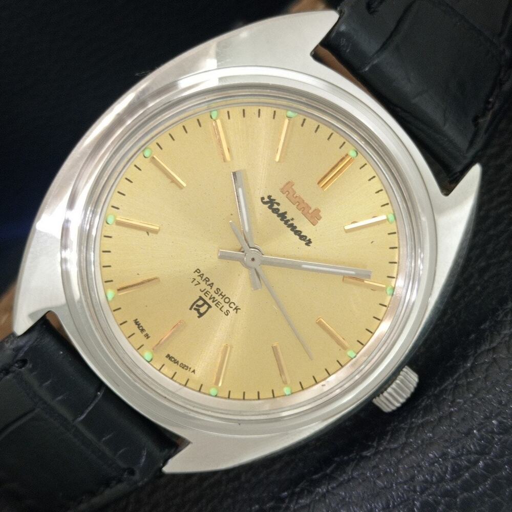 Vintage 1975 HMT Manual Wound Mens Silver Watch & Gold accents